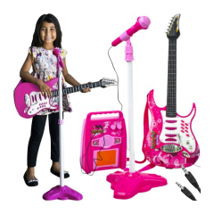Detská rocková elektrická gitara na batérie + zosilňovač a mikrofón ružová