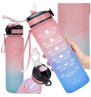 Motivačná fľaša na vodu 1000 ml  modroružová