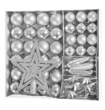Gule MagicHome Vianoce, sada, 50 ks, 4-5 cm, strieborné, hviezda, girlanda, šiška, na vianočný stromček