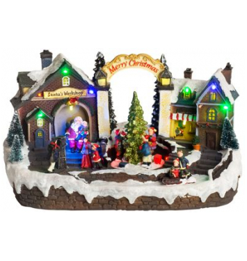 Dekorácia MagicHome Vianoce, Dedinka, 15 LED, farebná s melódiami, 3x AA, interiér, 33,50x18x20 cm