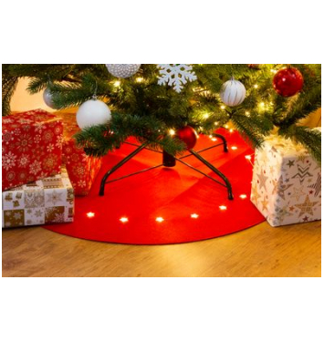 Koberec MagicHome Vianoce, červený, pod vianočný stromček, s hviezdičkami, 22x LED, teplá biela, 2xAA, 90 cm