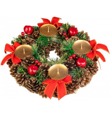 Veniec MagicHome Vianoce, prírodný, adventný, červený, 25 cm